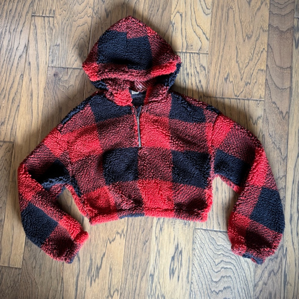 SHEIN Red and Black Textured Plaid Jacket